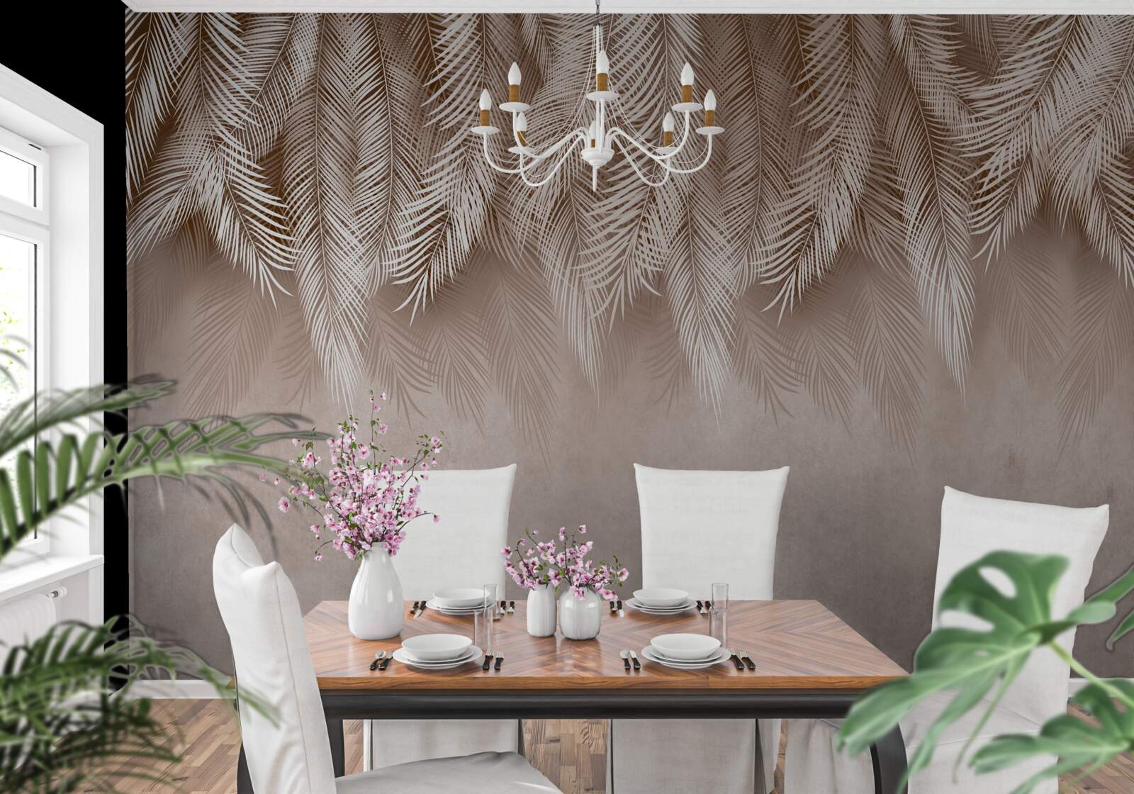 Фотошпалери рожевий фон, прикрашений білим пальмовим листям