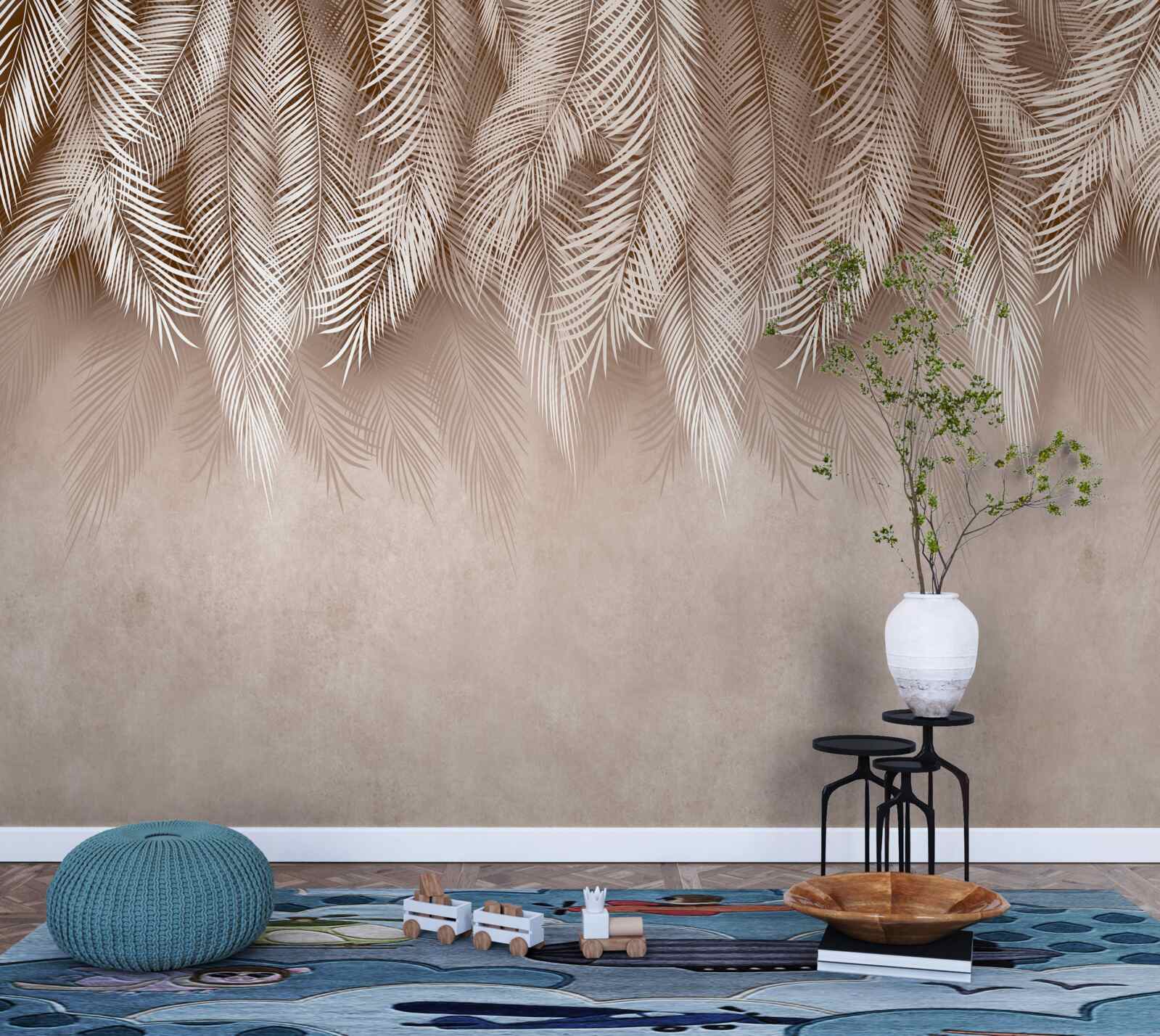 Фотошпалери рожевий фон, прикрашений білим пальмовим листям