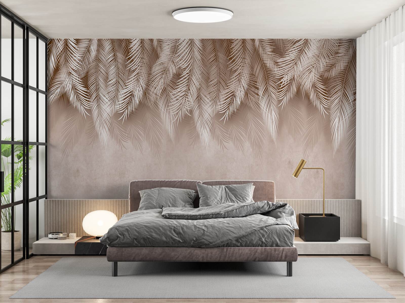 Фотошпалери рожевий фон, прикрашений білим пальмовим листям