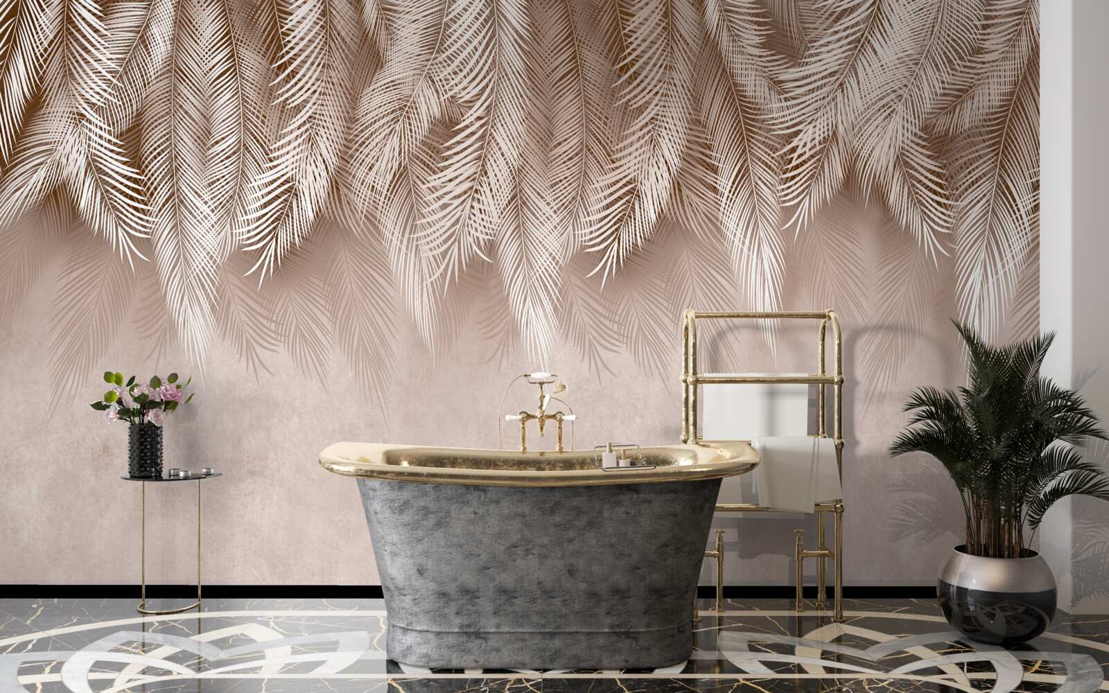 Фотошпалери рожевий фон, прикрашений білим пальмовим листям