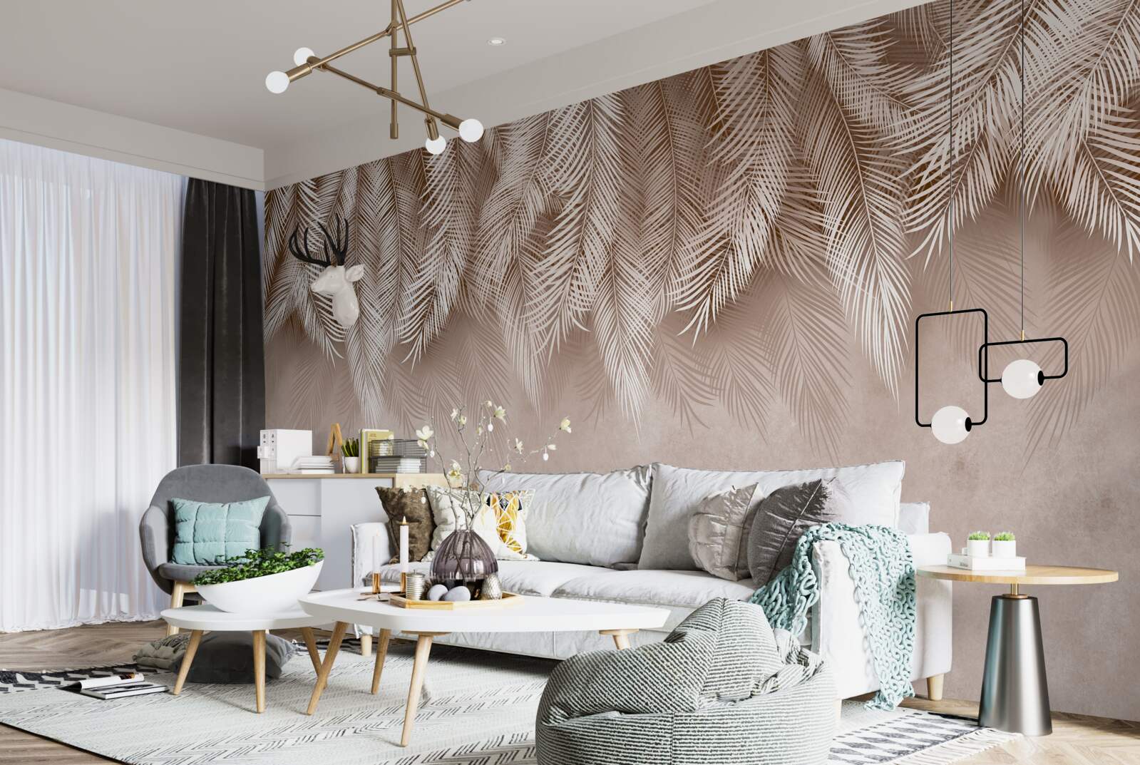 Фотошпалери рожевий фон, прикрашений білим пальмовим листям