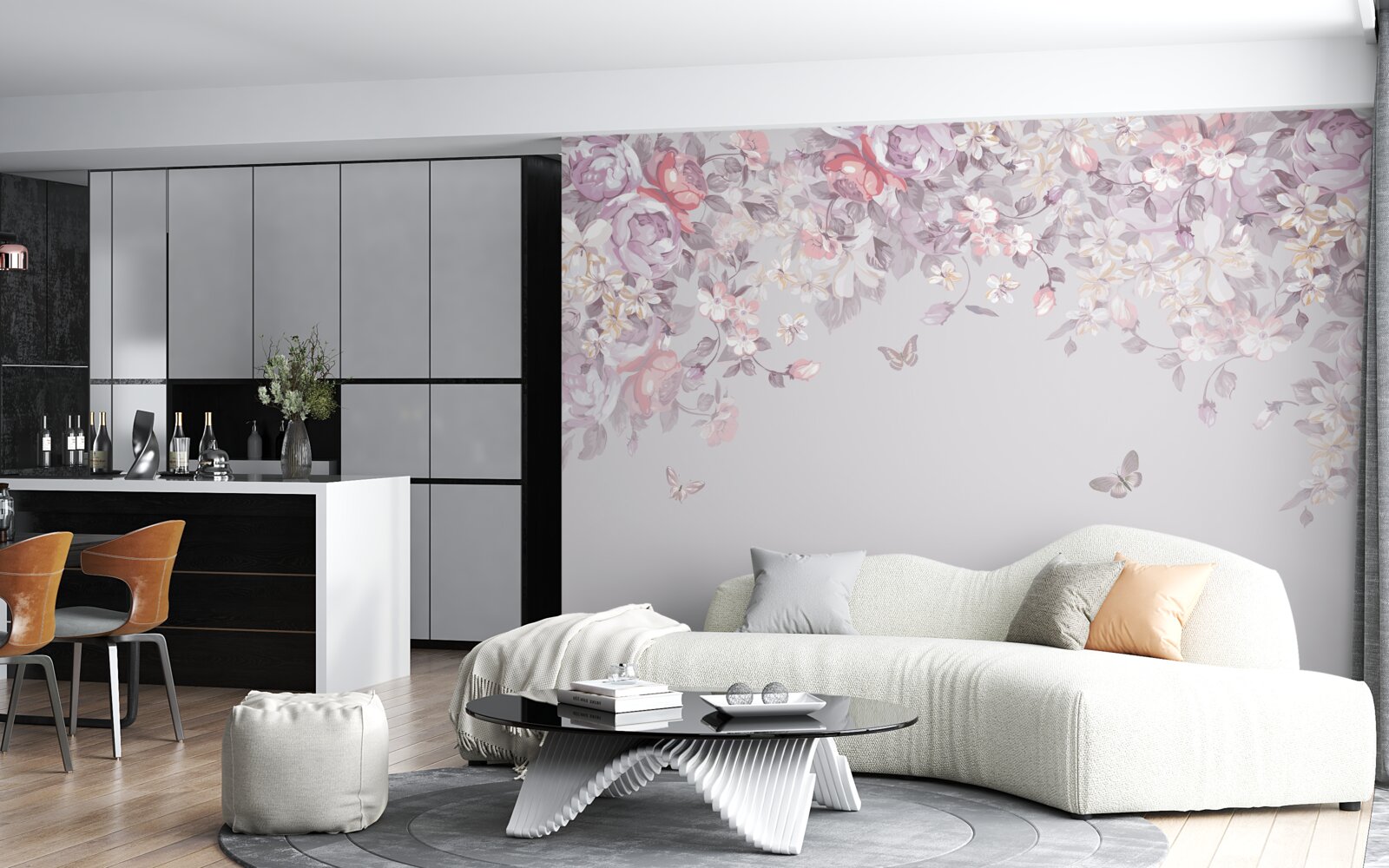 Фотошпалери сад, де цвітуть квіти і метелики