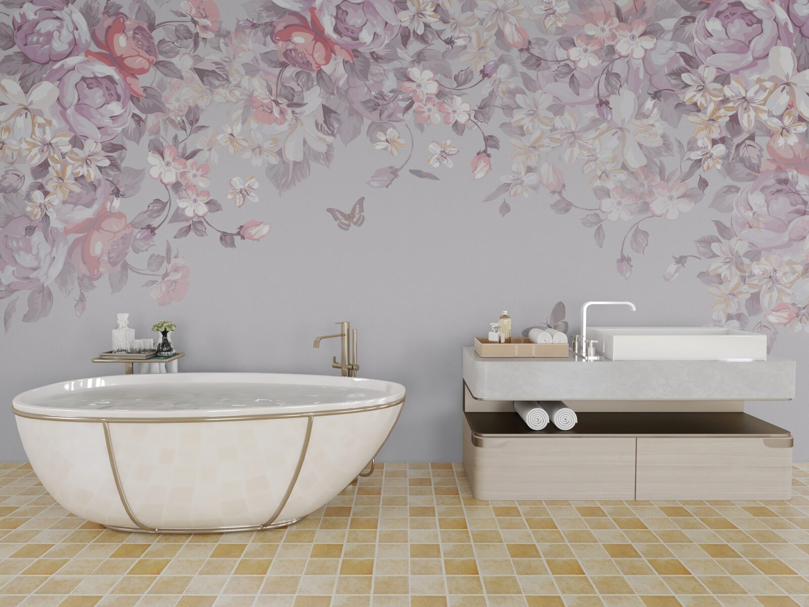 Фотошпалери сад, де цвітуть квіти і метелики