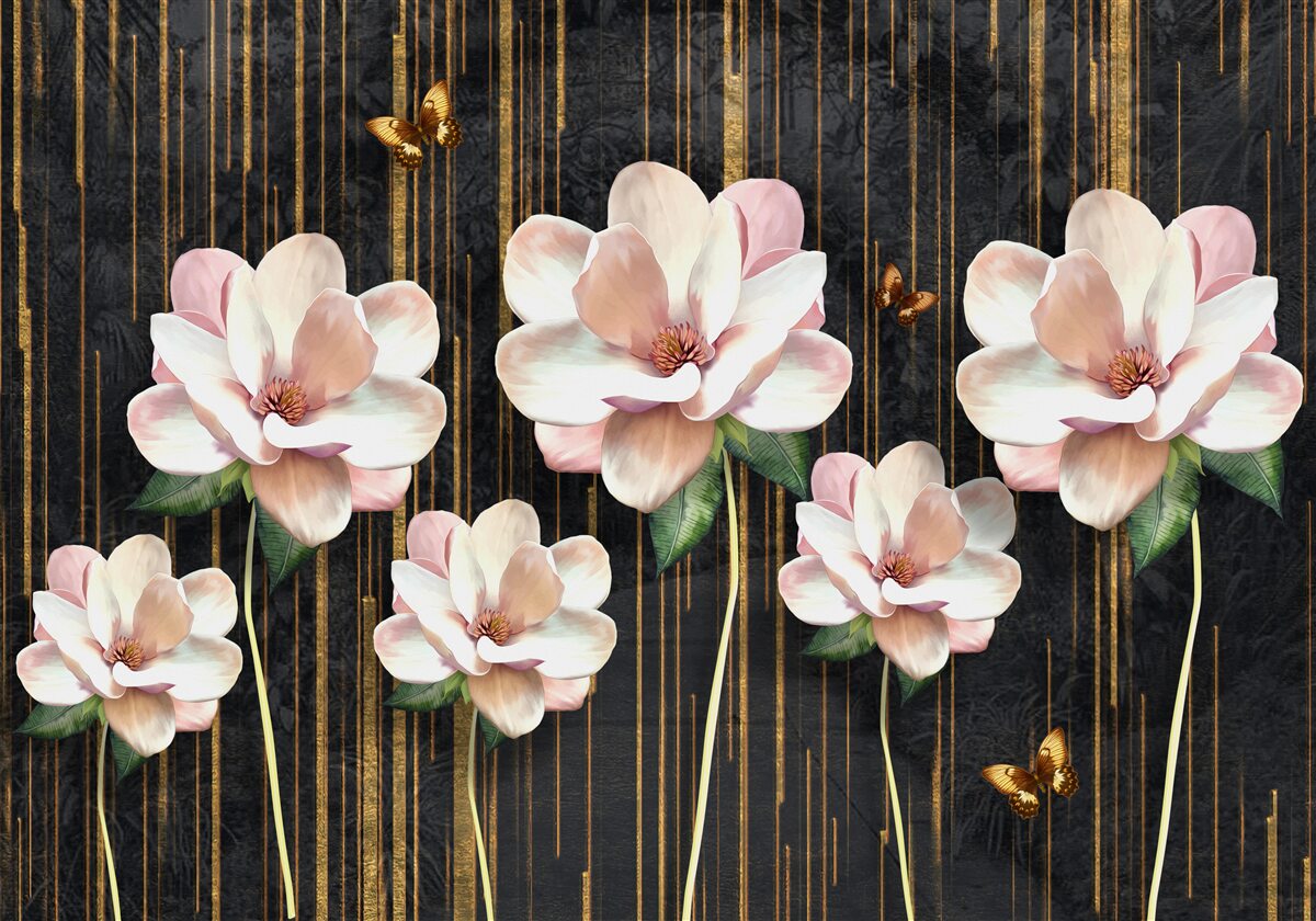 Фотошпалери метелики та квіти на тлі чорного золота