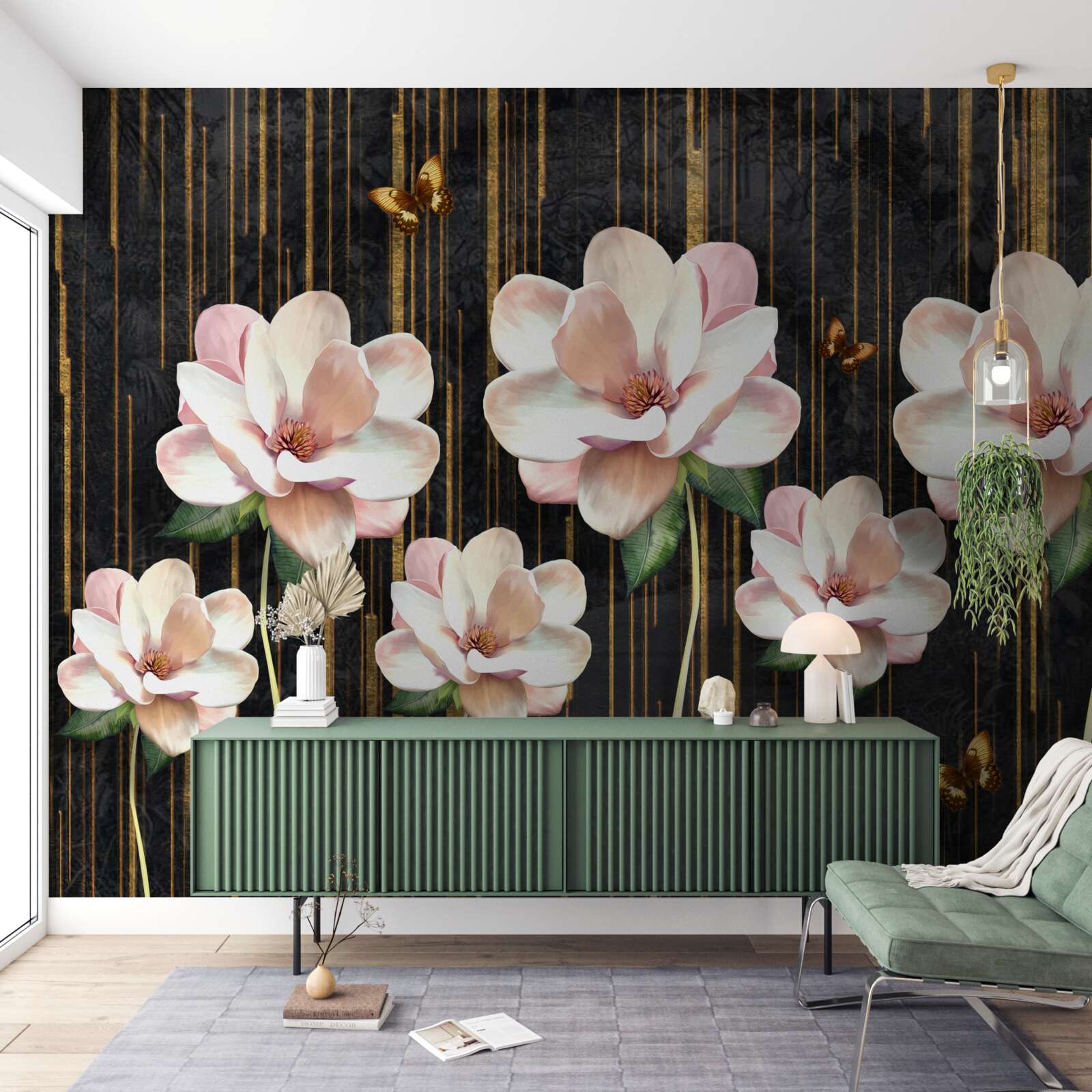 Фотошпалери метелики та квіти на тлі чорного золота