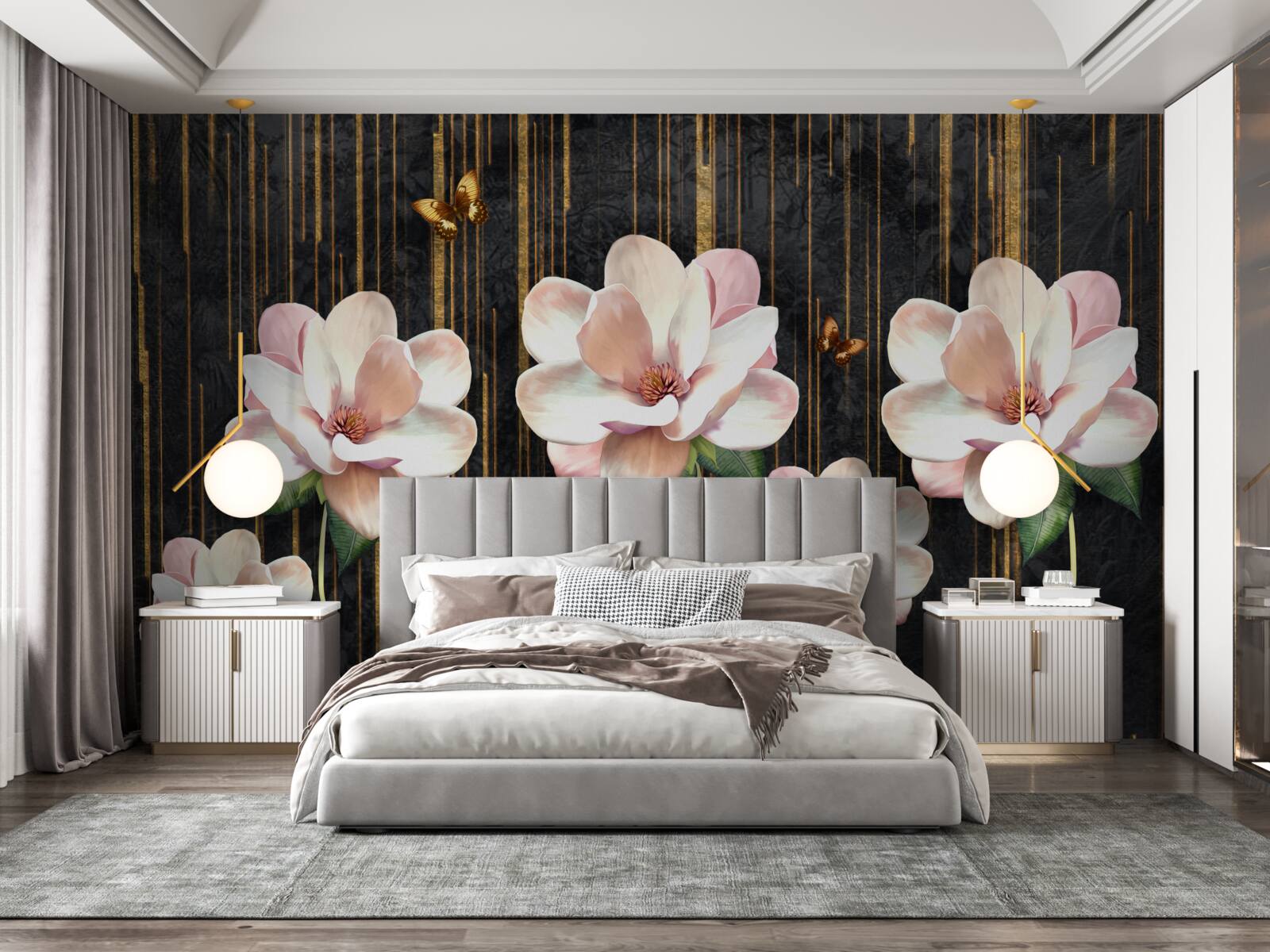 Фотошпалери метелики та квіти на тлі чорного золота