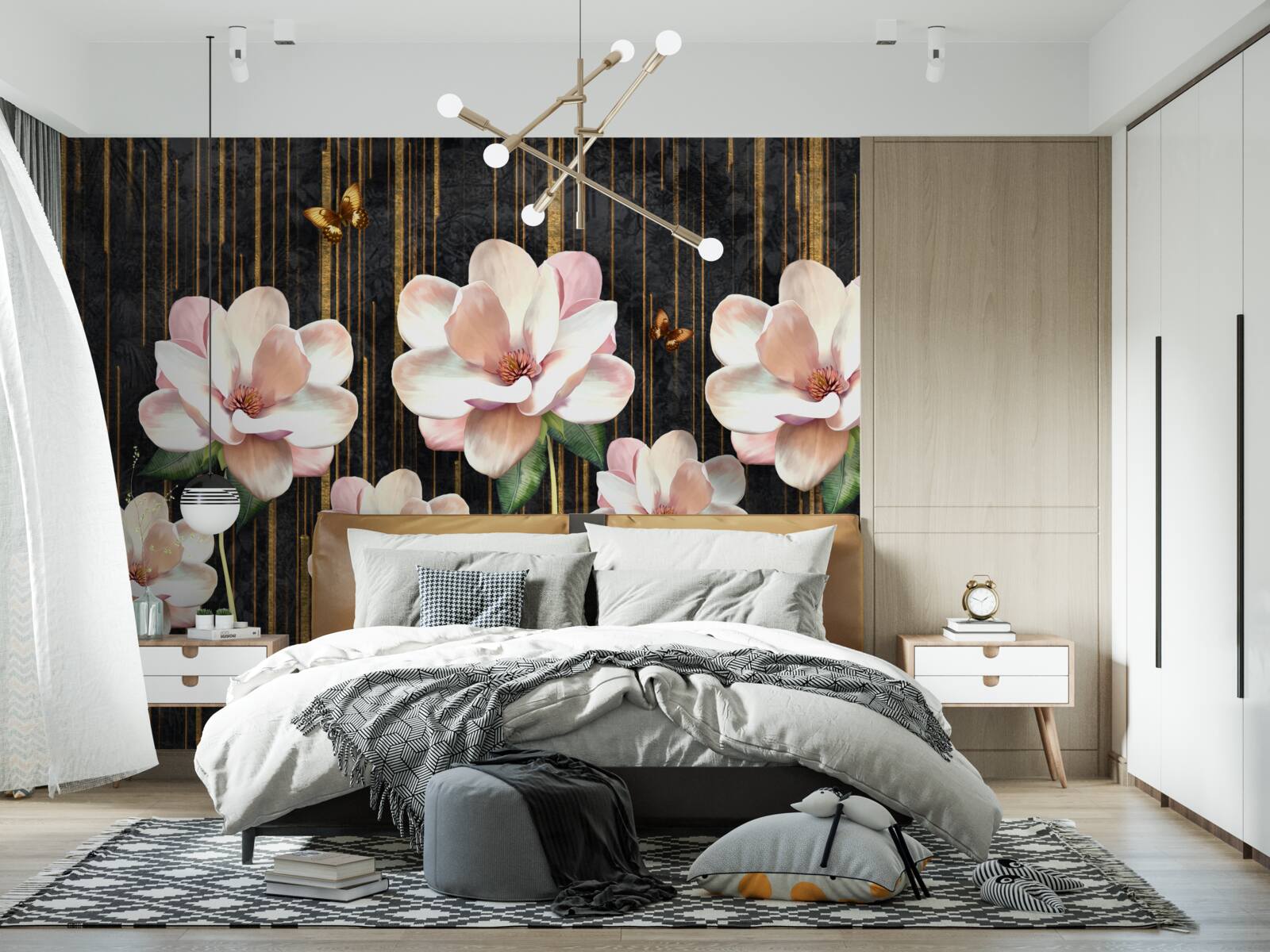 Фотошпалери метелики та квіти на тлі чорного золота