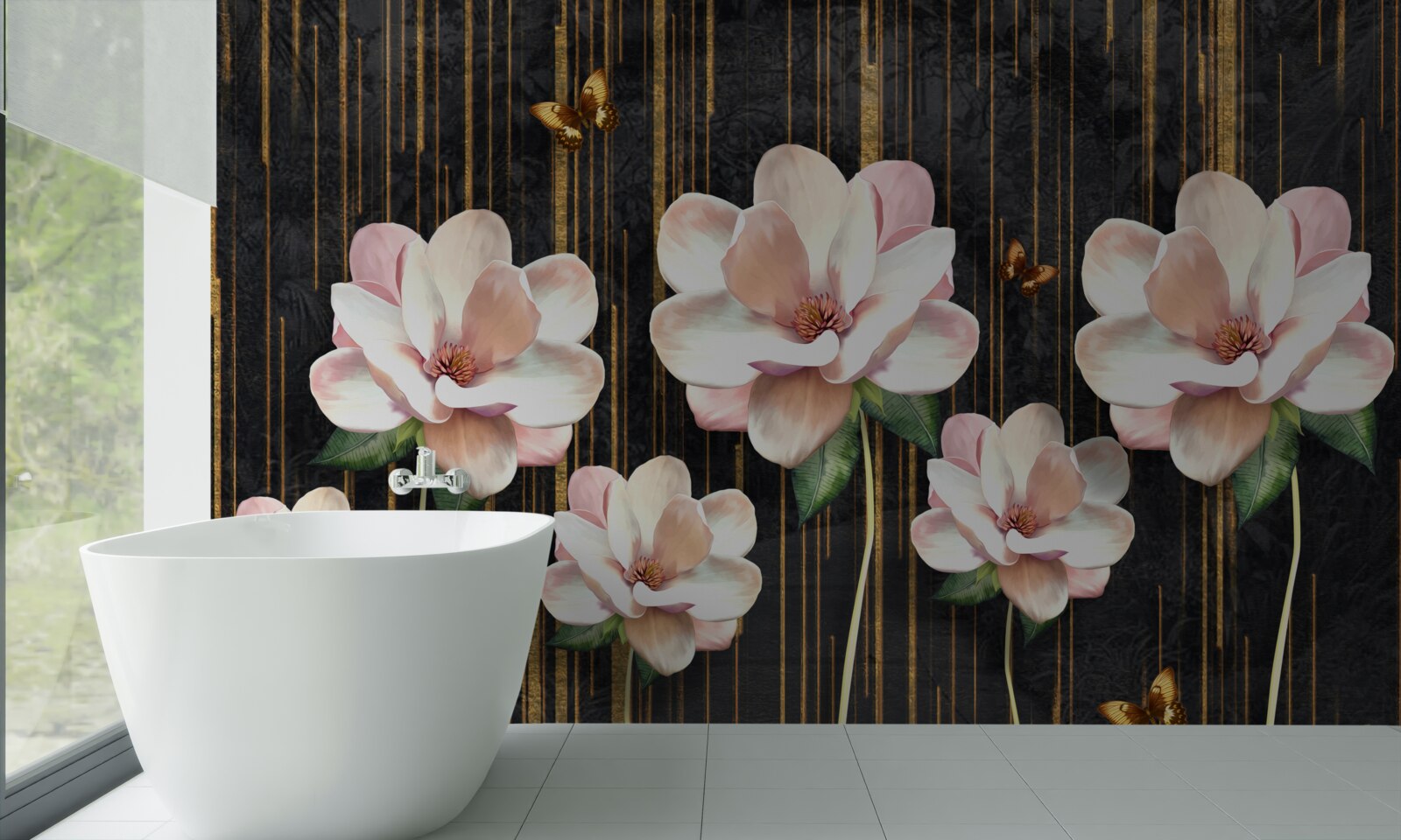 Фотошпалери метелики та квіти на тлі чорного золота
