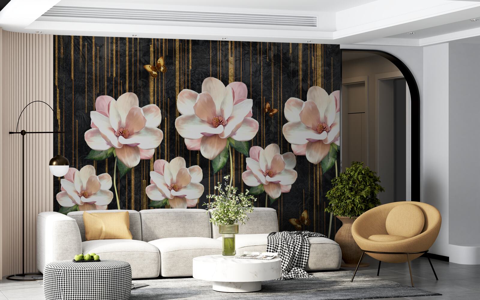 Фотошпалери метелики та квіти на тлі чорного золота