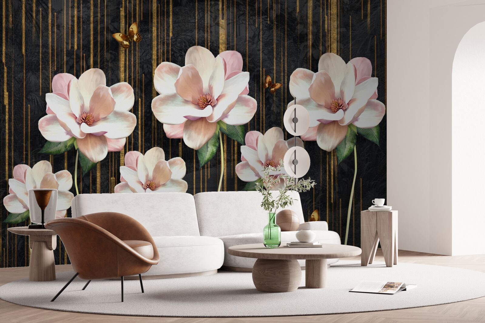 Фотошпалери метелики та квіти на тлі чорного золота