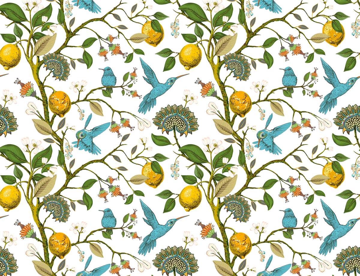 Фотошпалери лимони та блакитні колібрі