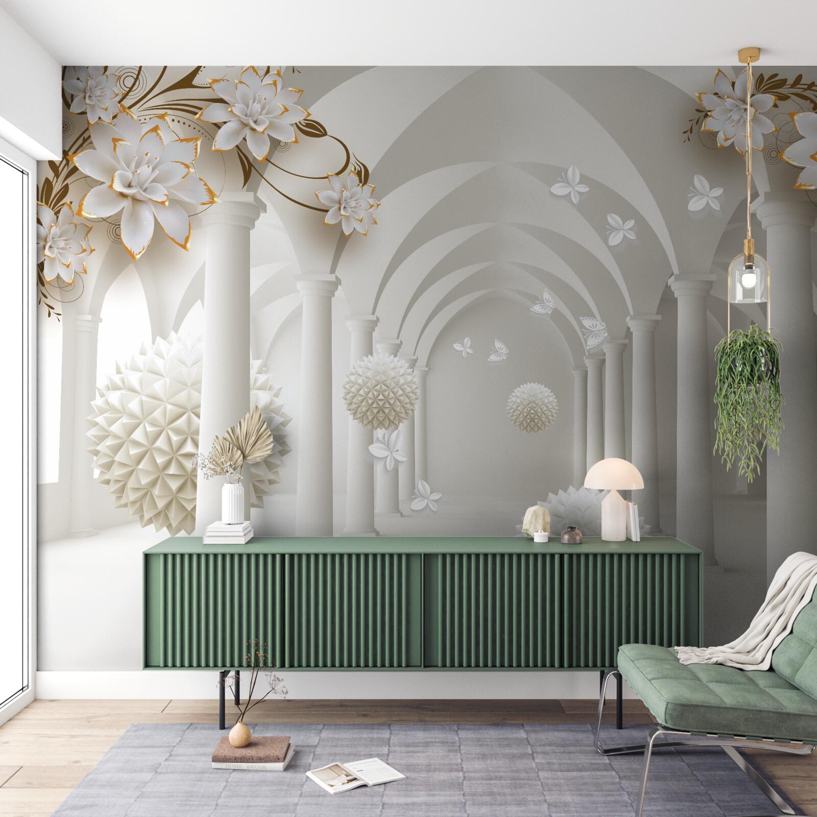 Фотошпалери Коридор у готичному стилі, прикрашений плаваючими кулями та квітами