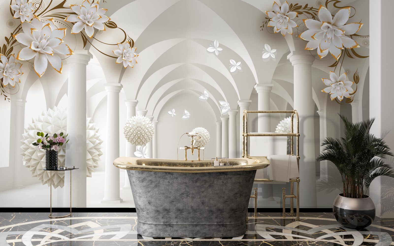 Фотошпалери Коридор у готичному стилі, прикрашений плаваючими кулями та квітами