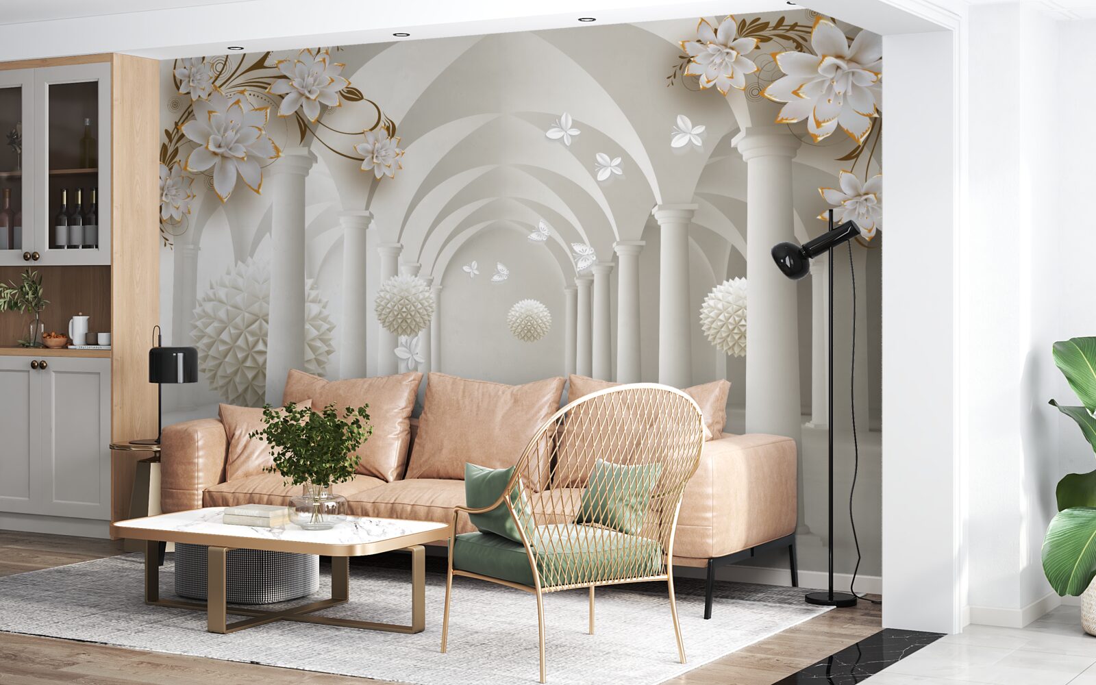 Фотошпалери Коридор у готичному стилі, прикрашений плаваючими кулями та квітами