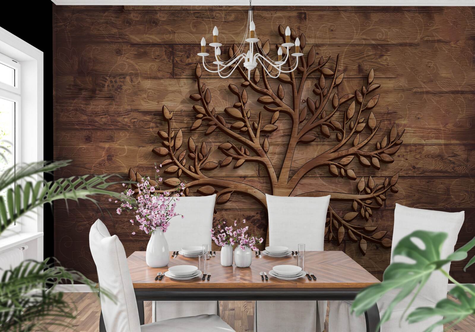 Фотошпалери листяне дерево на дерев'яному тлі