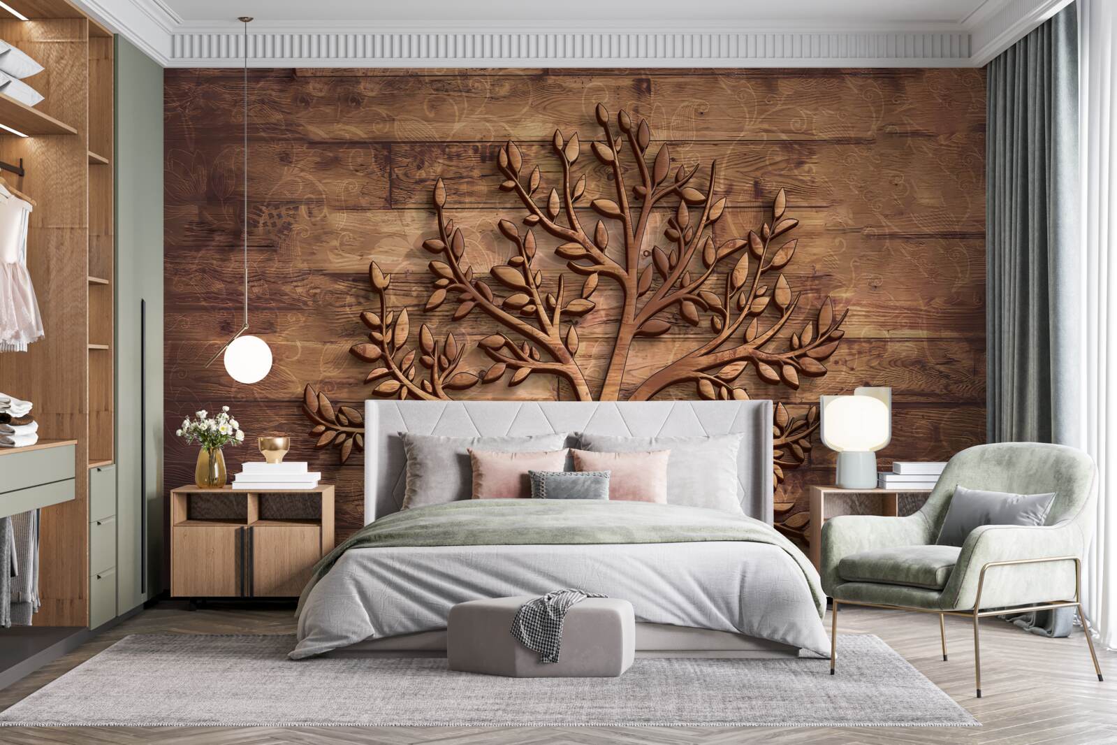 Фотошпалери листяне дерево на дерев'яному тлі