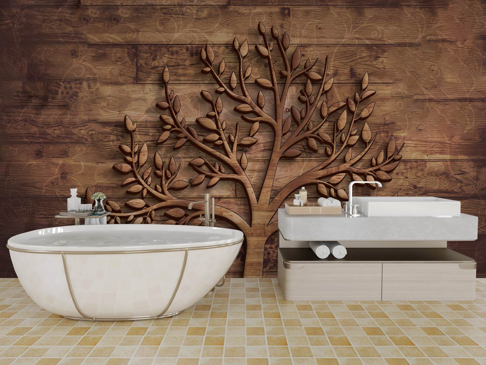 Фотошпалери листяне дерево на дерев'яному тлі