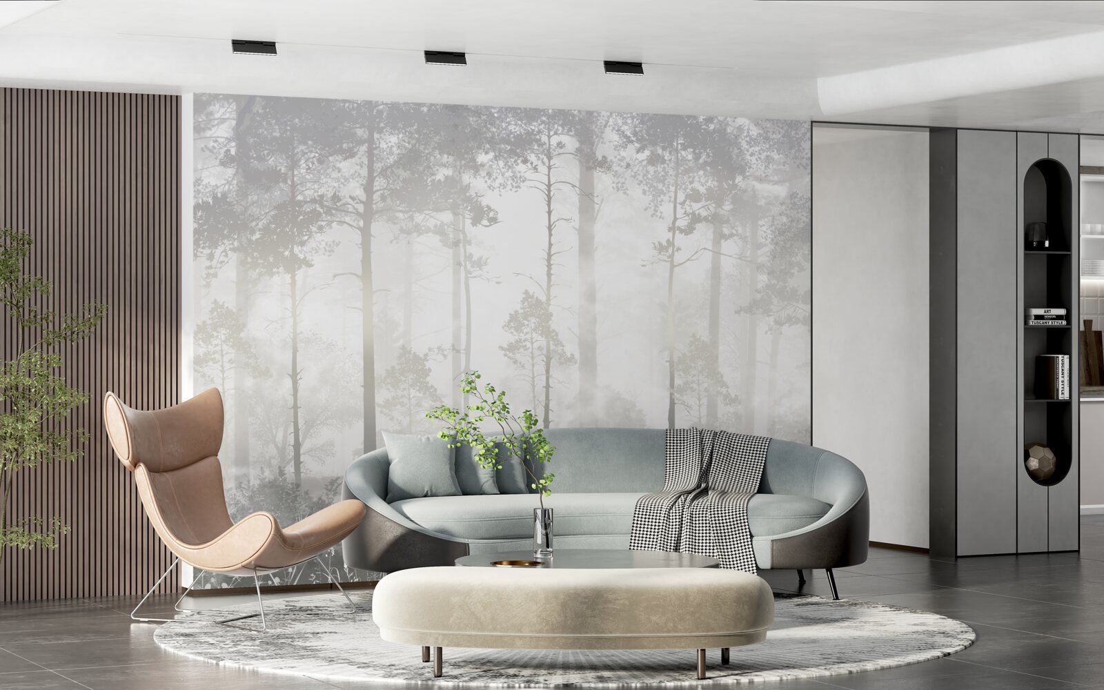 Фотошпалери Туманний ліс усіяний високими соснами, як у казці