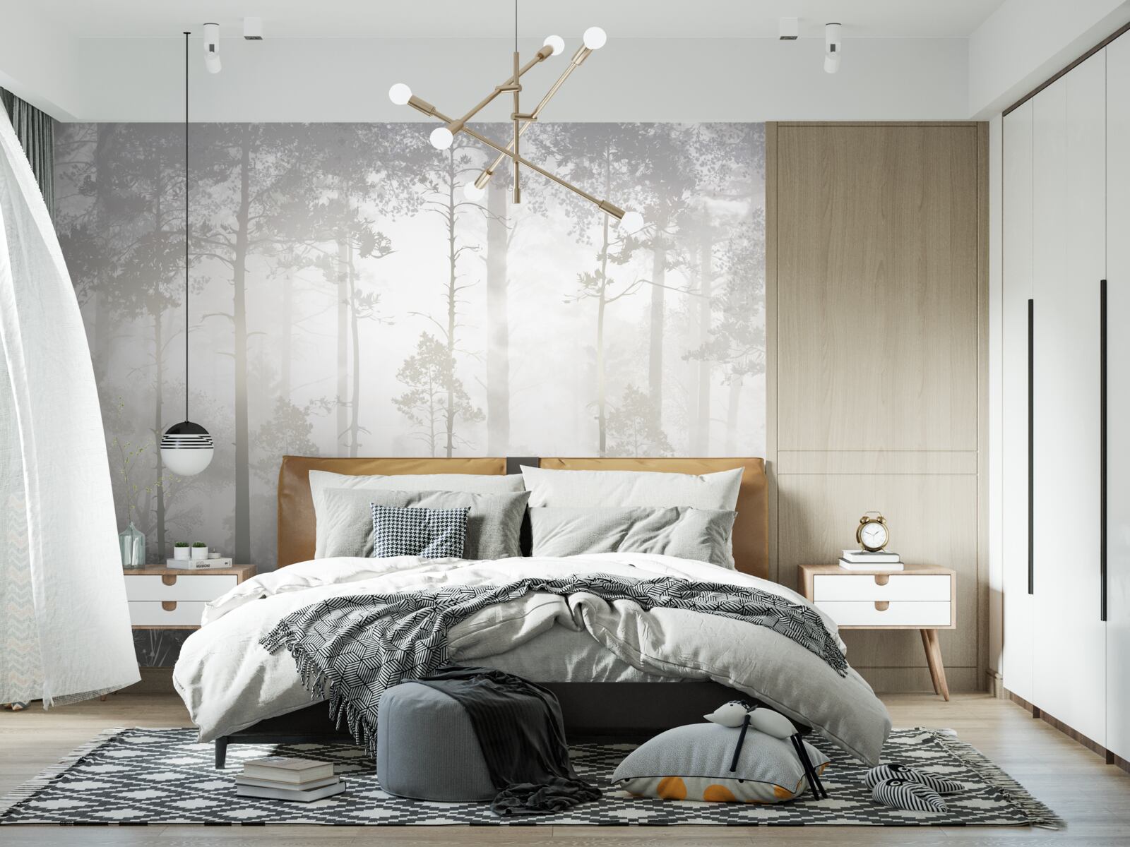 Фотошпалери Туманний ліс усіяний високими соснами, як у казці