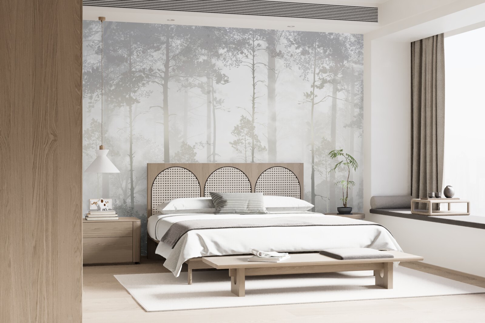 Фотошпалери Туманний ліс усіяний високими соснами, як у казці