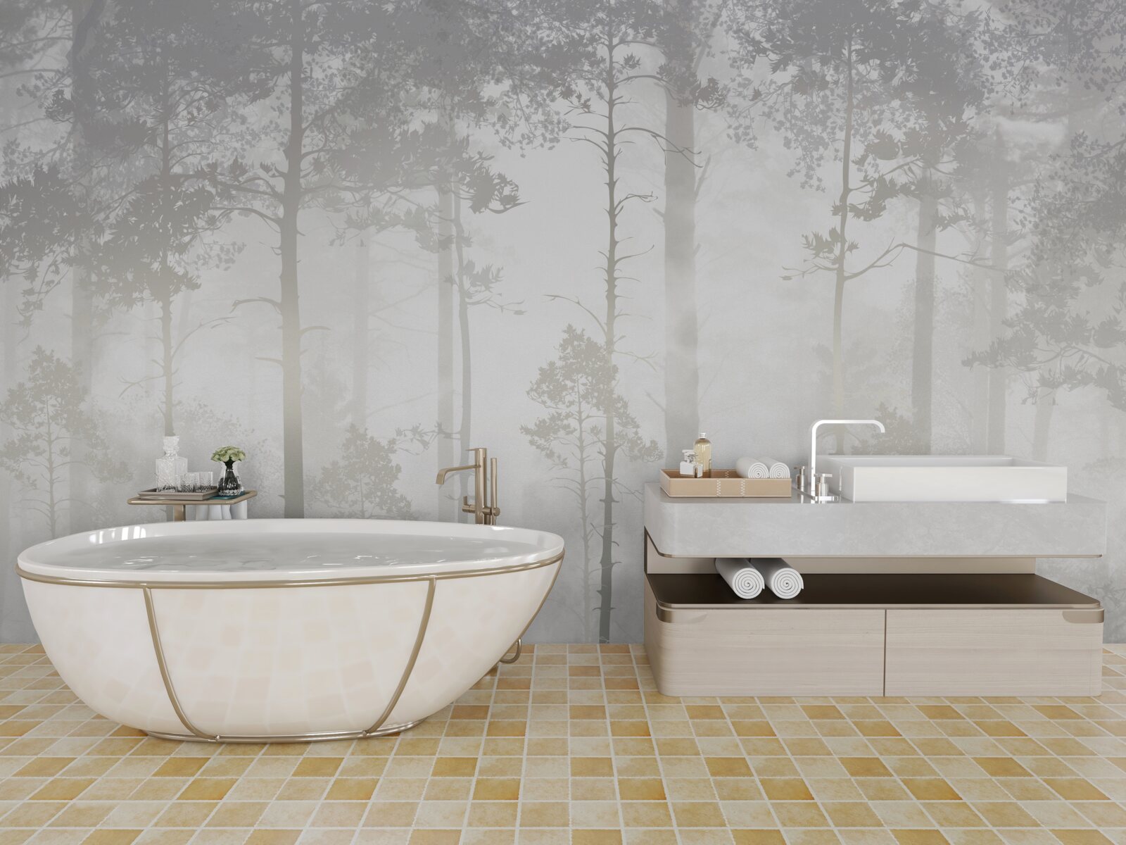 Фотошпалери Туманний ліс усіяний високими соснами, як у казці