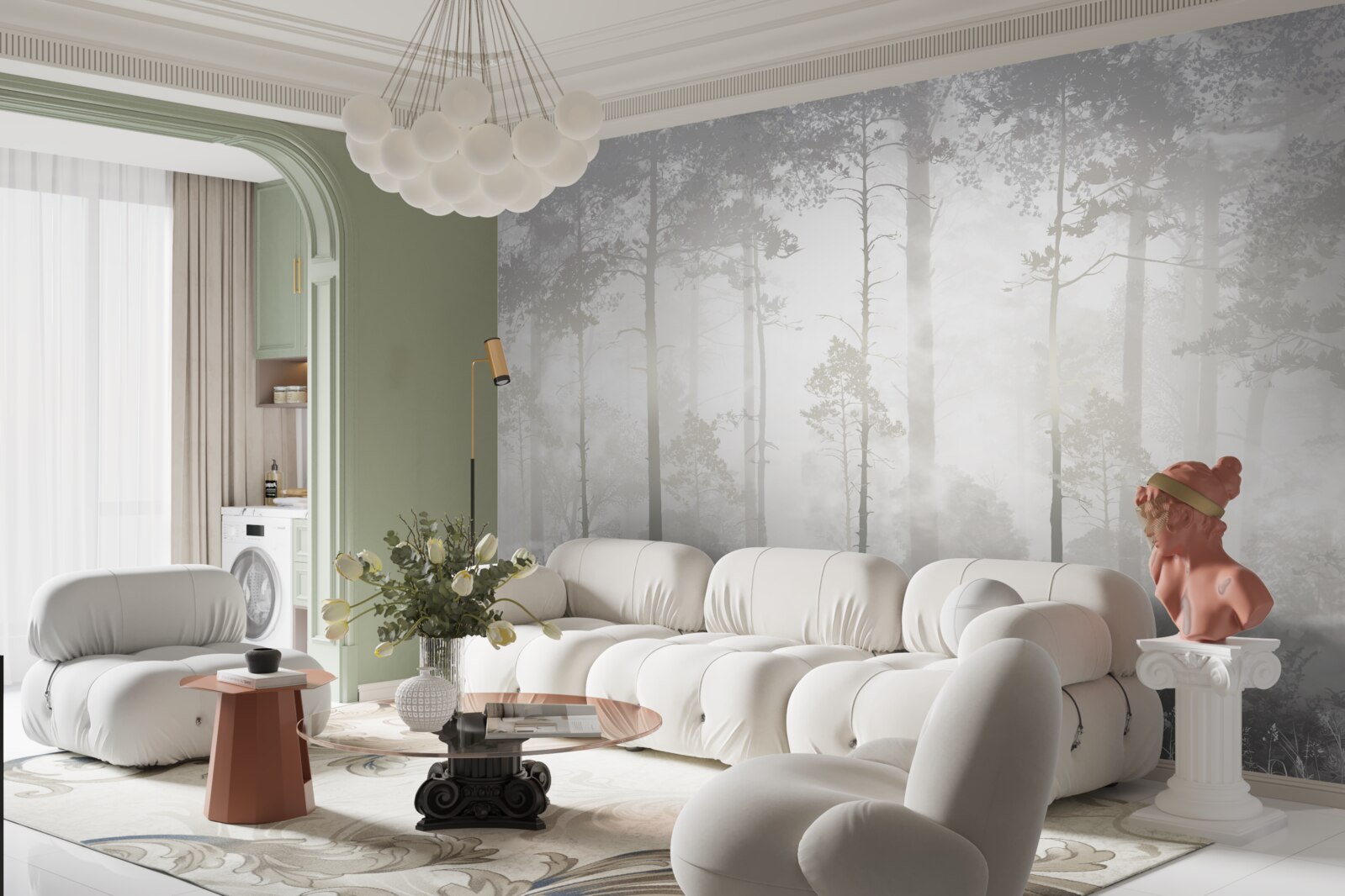 Фотошпалери Туманний ліс усіяний високими соснами, як у казці