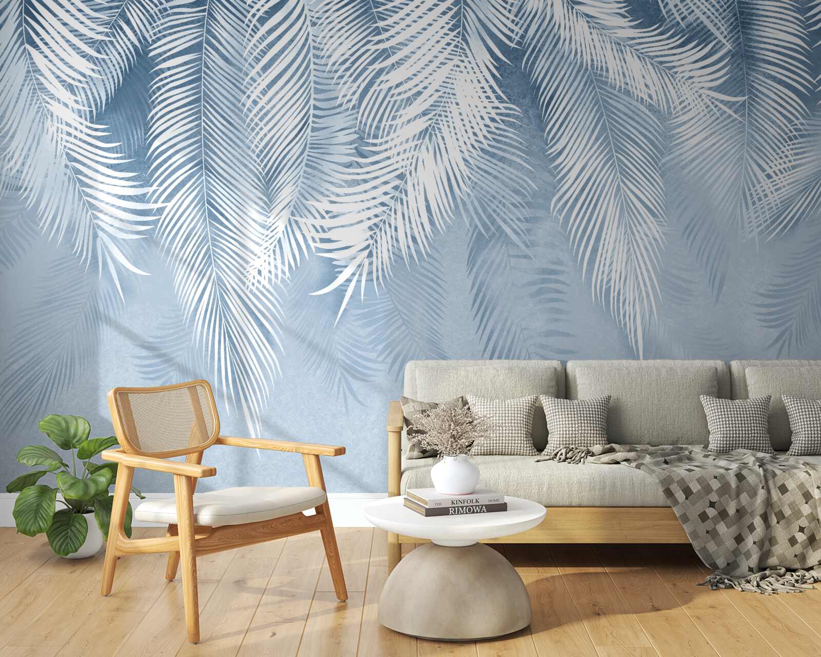 Фотошпалери біле та синє пір'я на зимовому листі