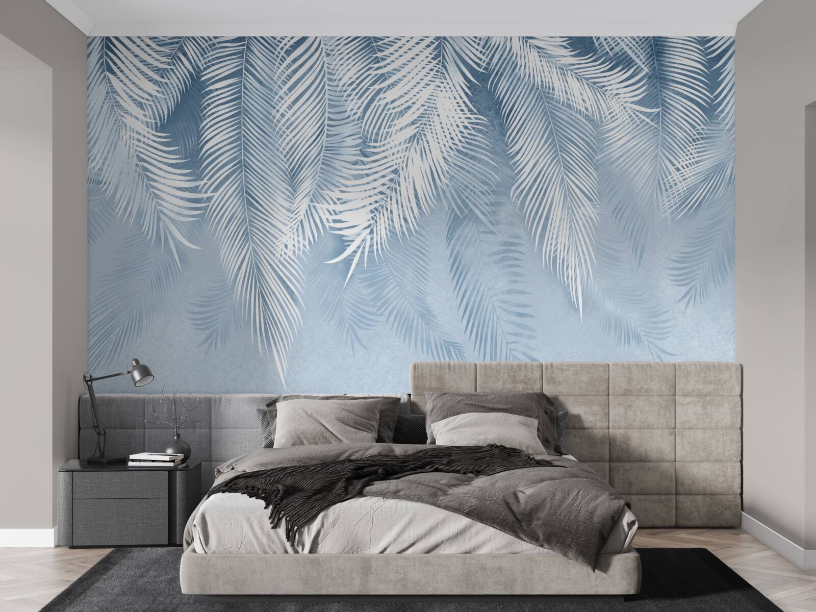 Фотошпалери біле та синє пір'я на зимовому листі