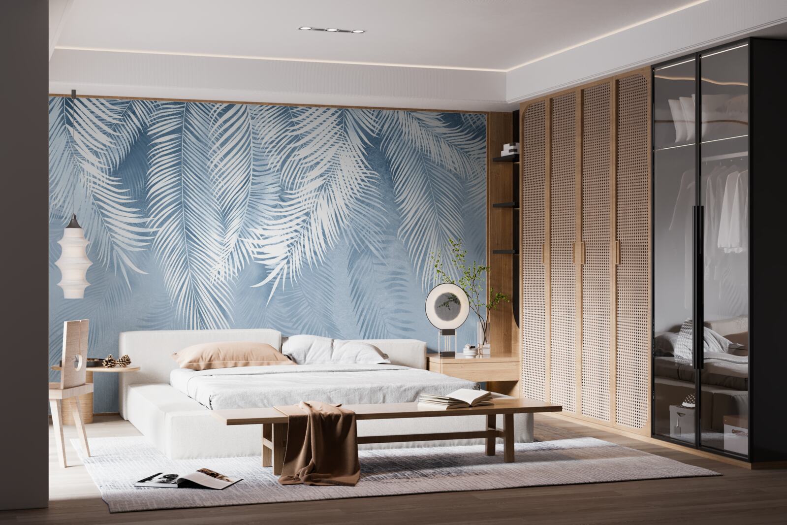 Фотошпалери біле та синє пір'я на зимовому листі