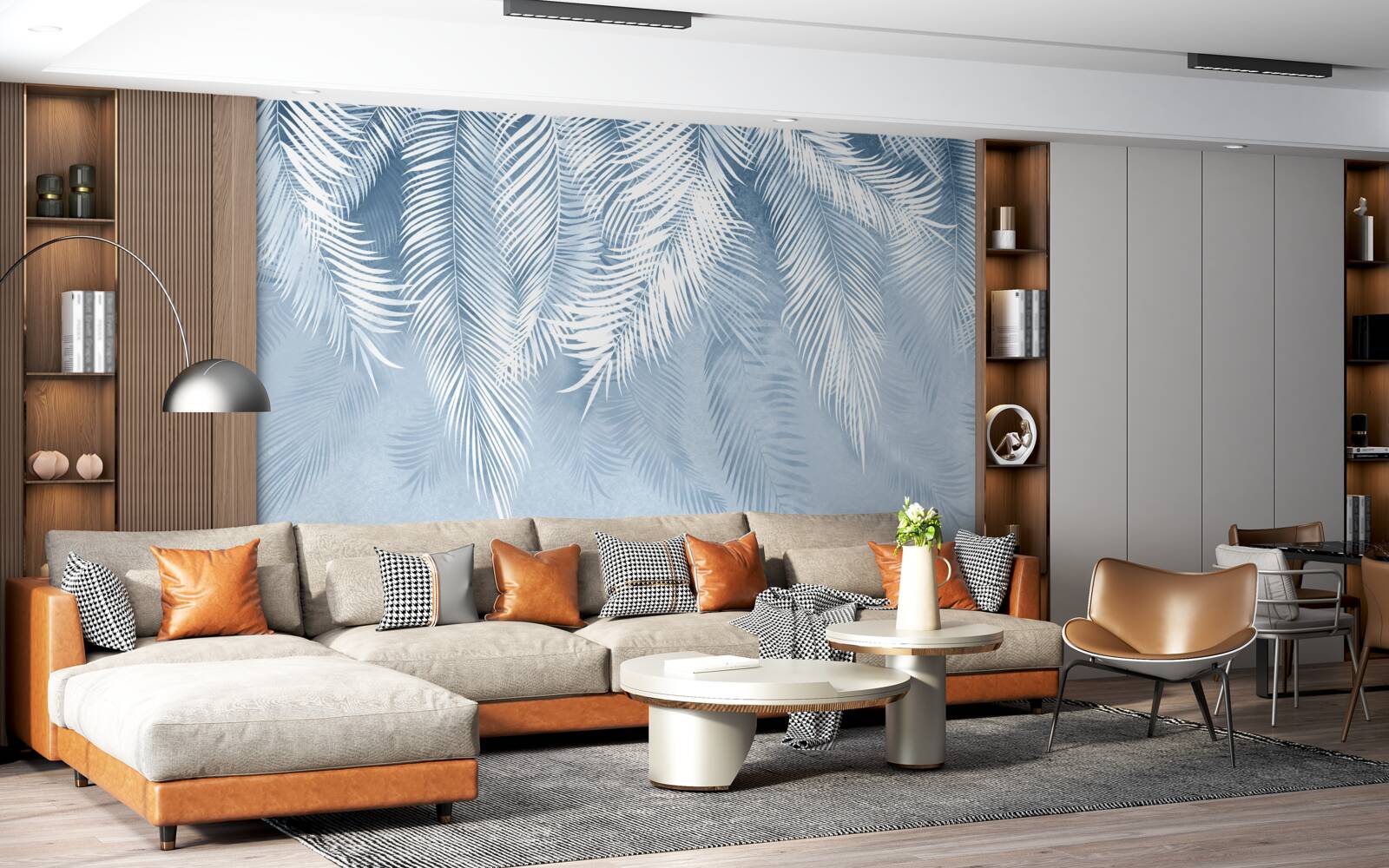 Фотошпалери біле та синє пір'я на зимовому листі