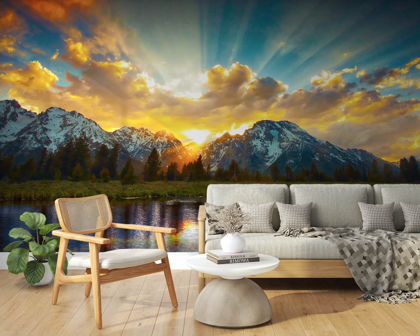 Фотошпалери чарівний захід сонця над високогірною річкою