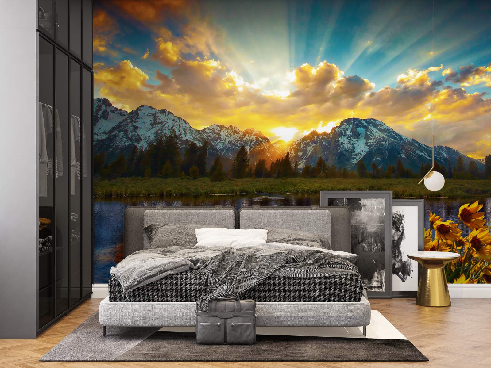 Фотошпалери чарівний захід сонця над високогірною річкою