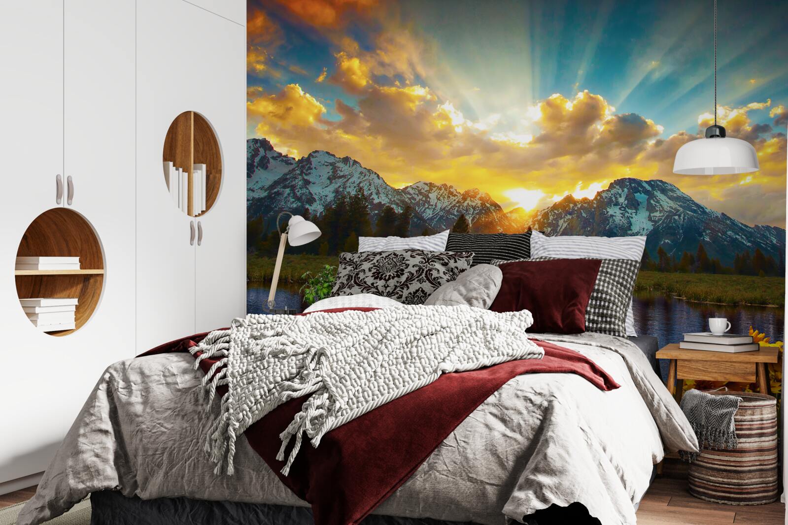 Фотошпалери чарівний захід сонця над високогірною річкою