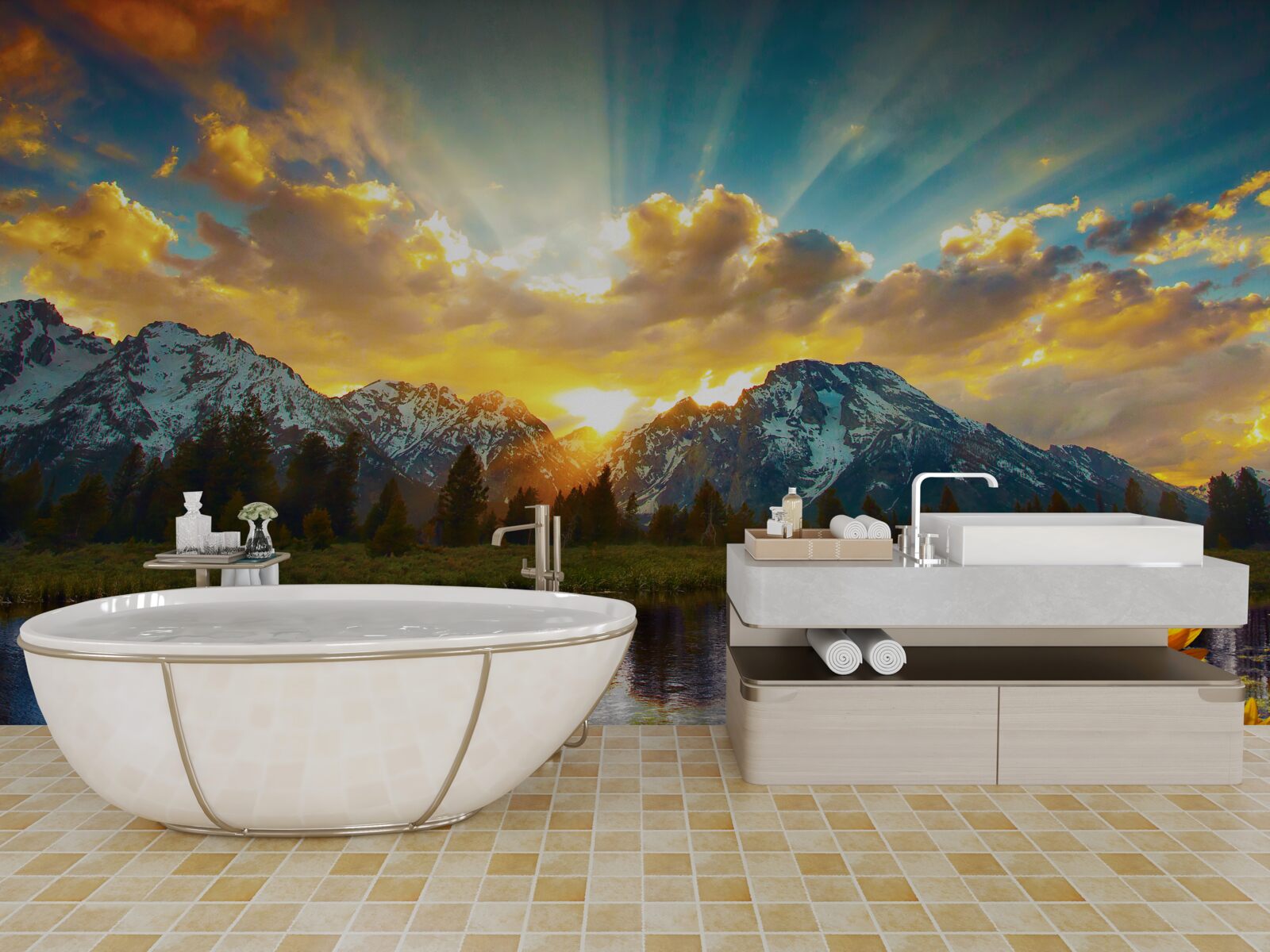 Фотошпалери чарівний захід сонця над високогірною річкою