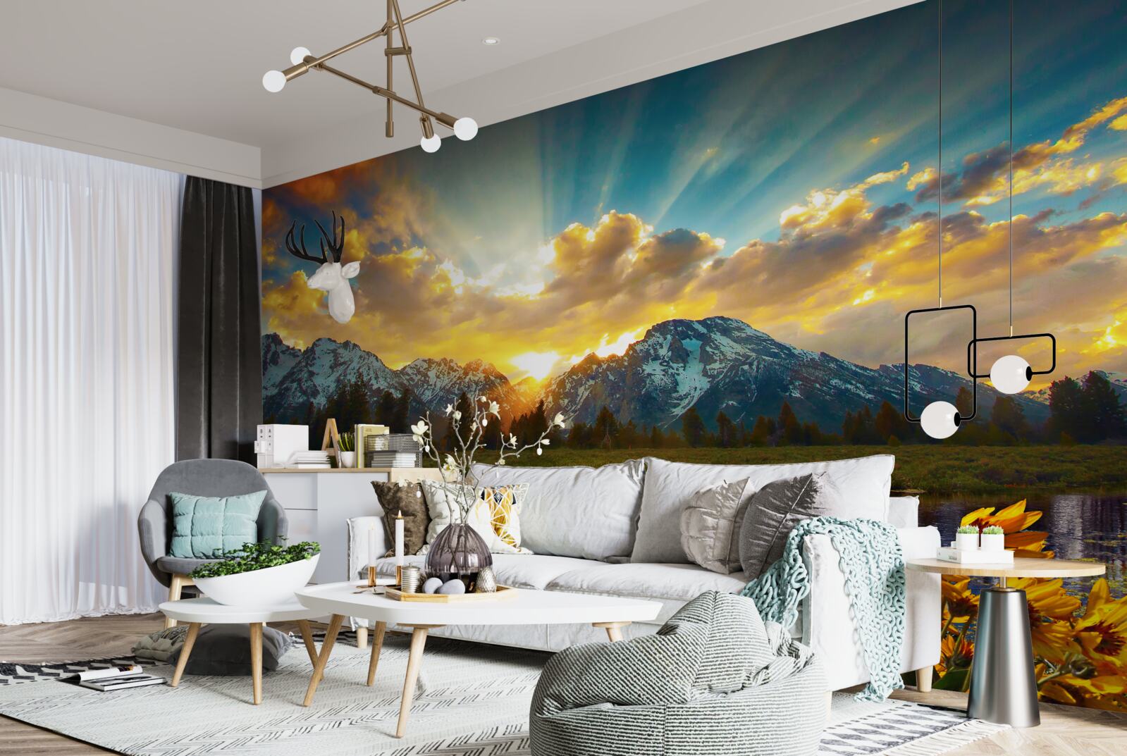 Фотошпалери чарівний захід сонця над високогірною річкою