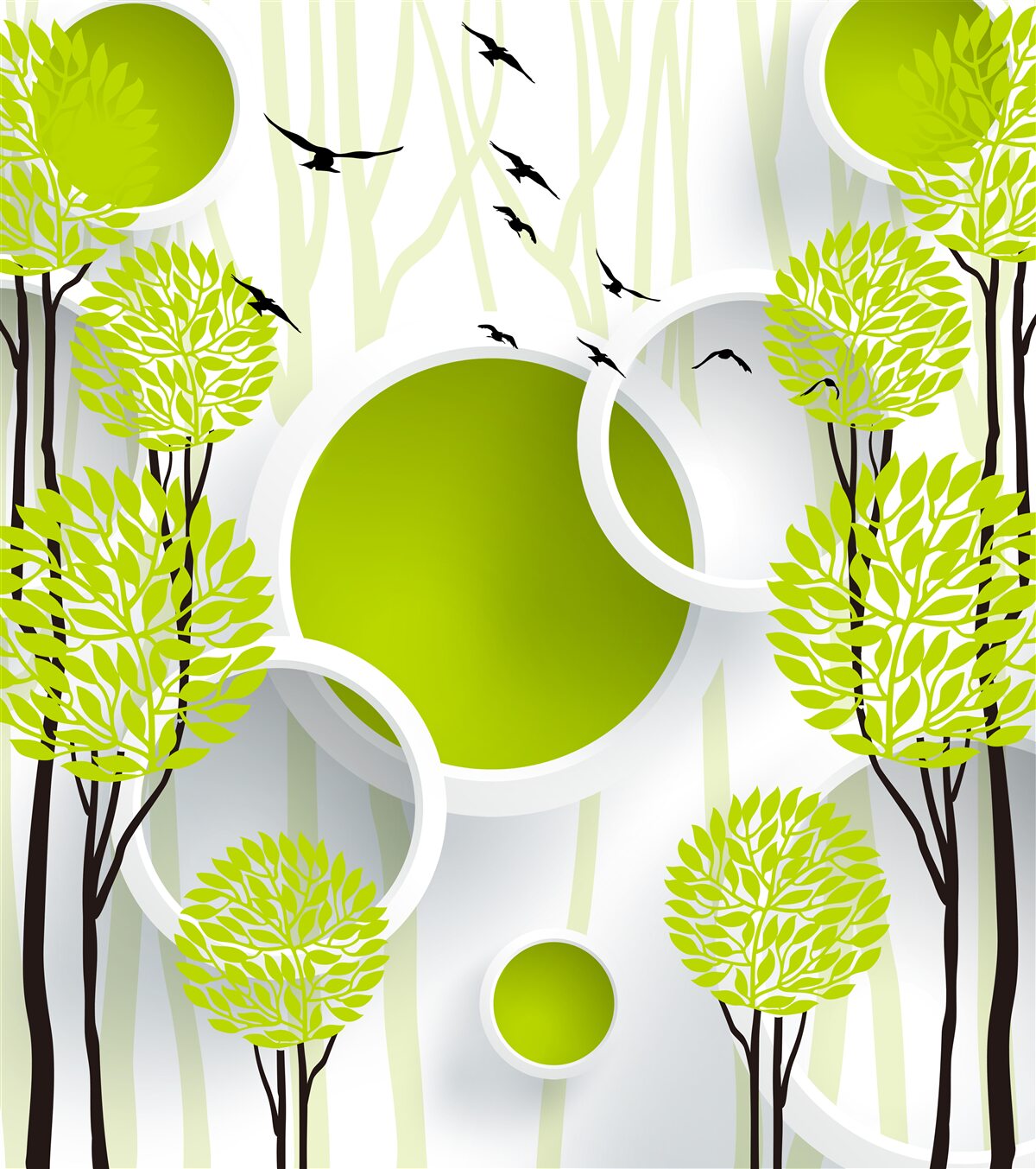 Фотошпалери дерева під пролітаючими птахами