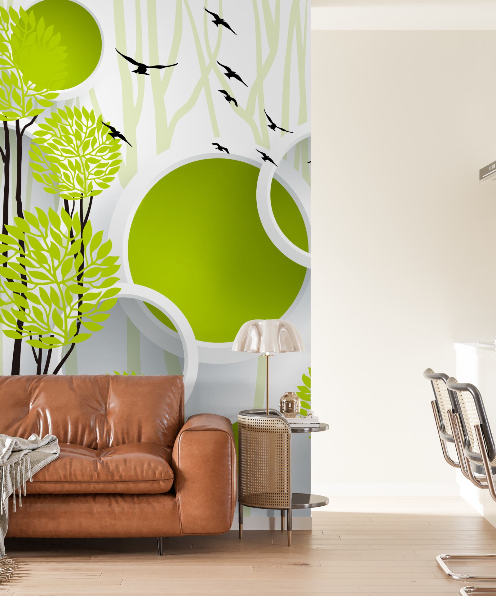 Фотошпалери дерева під пролітаючими птахами