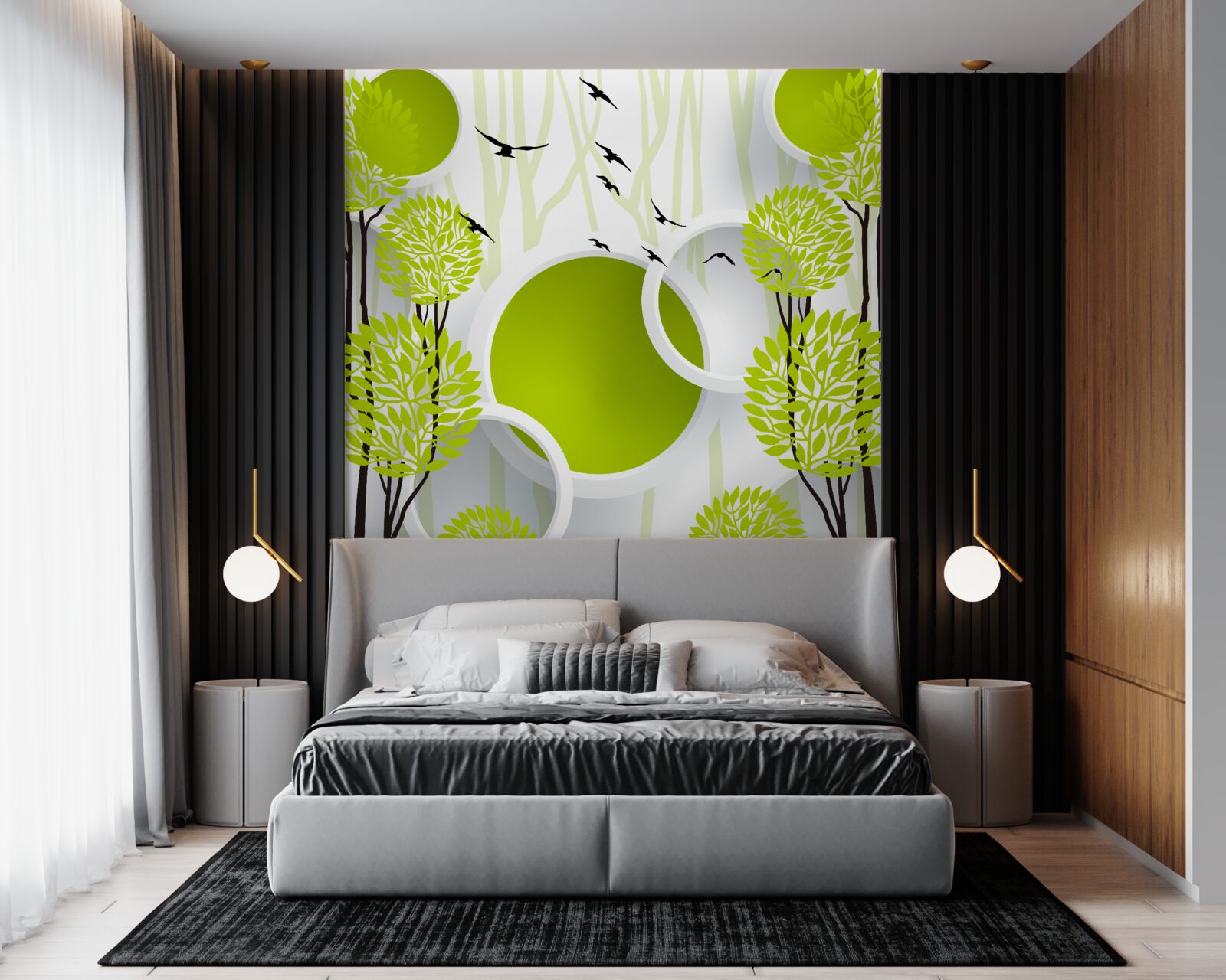 Фотошпалери дерева під пролітаючими птахами