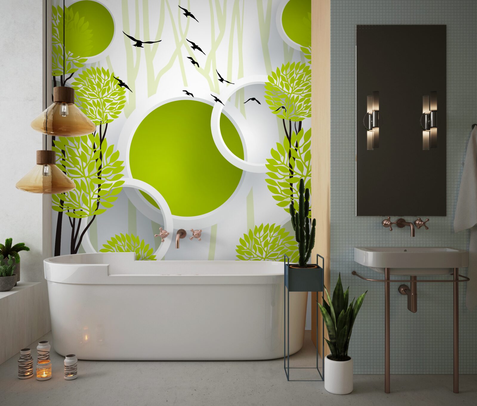 Фотошпалери дерева під пролітаючими птахами