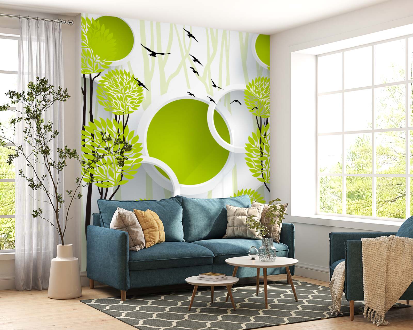 Фотошпалери дерева під пролітаючими птахами