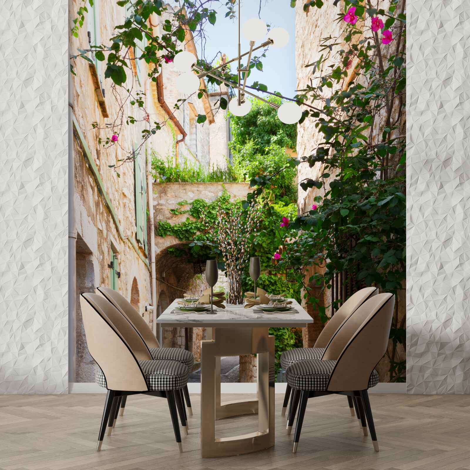 Фотошпалери старовинна вузька вуличка, прикрашена живими рослинами