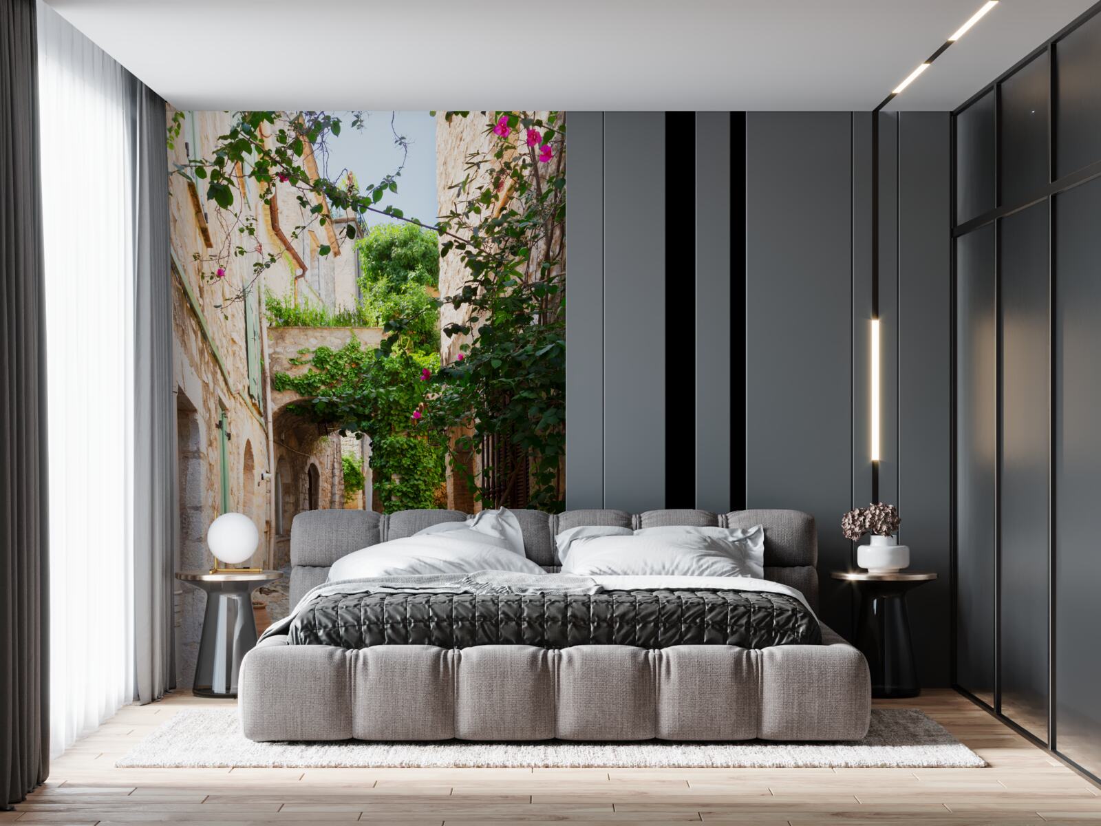 Фотошпалери старовинна вузька вуличка, прикрашена живими рослинами