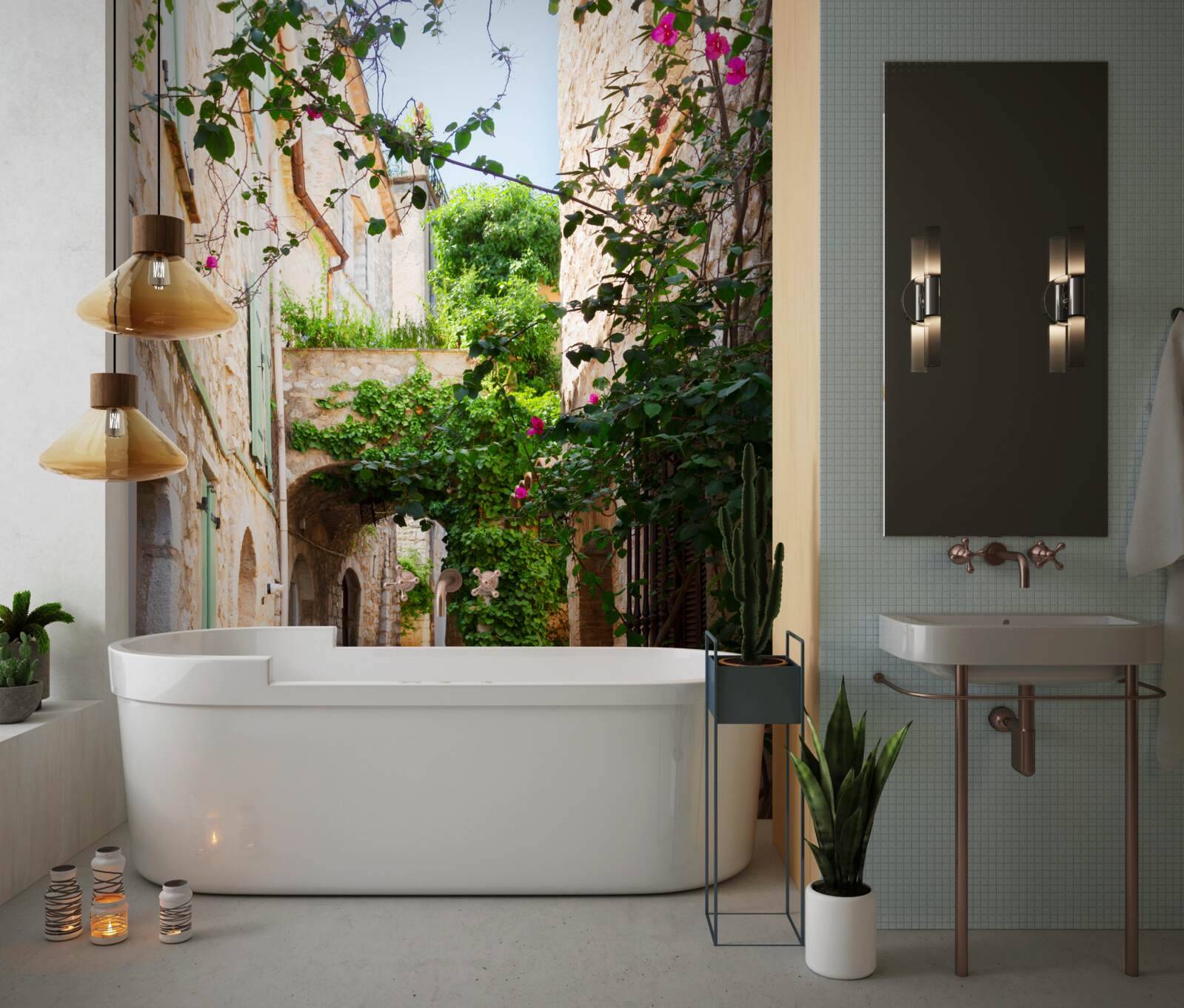 Фотошпалери старовинна вузька вуличка, прикрашена живими рослинами