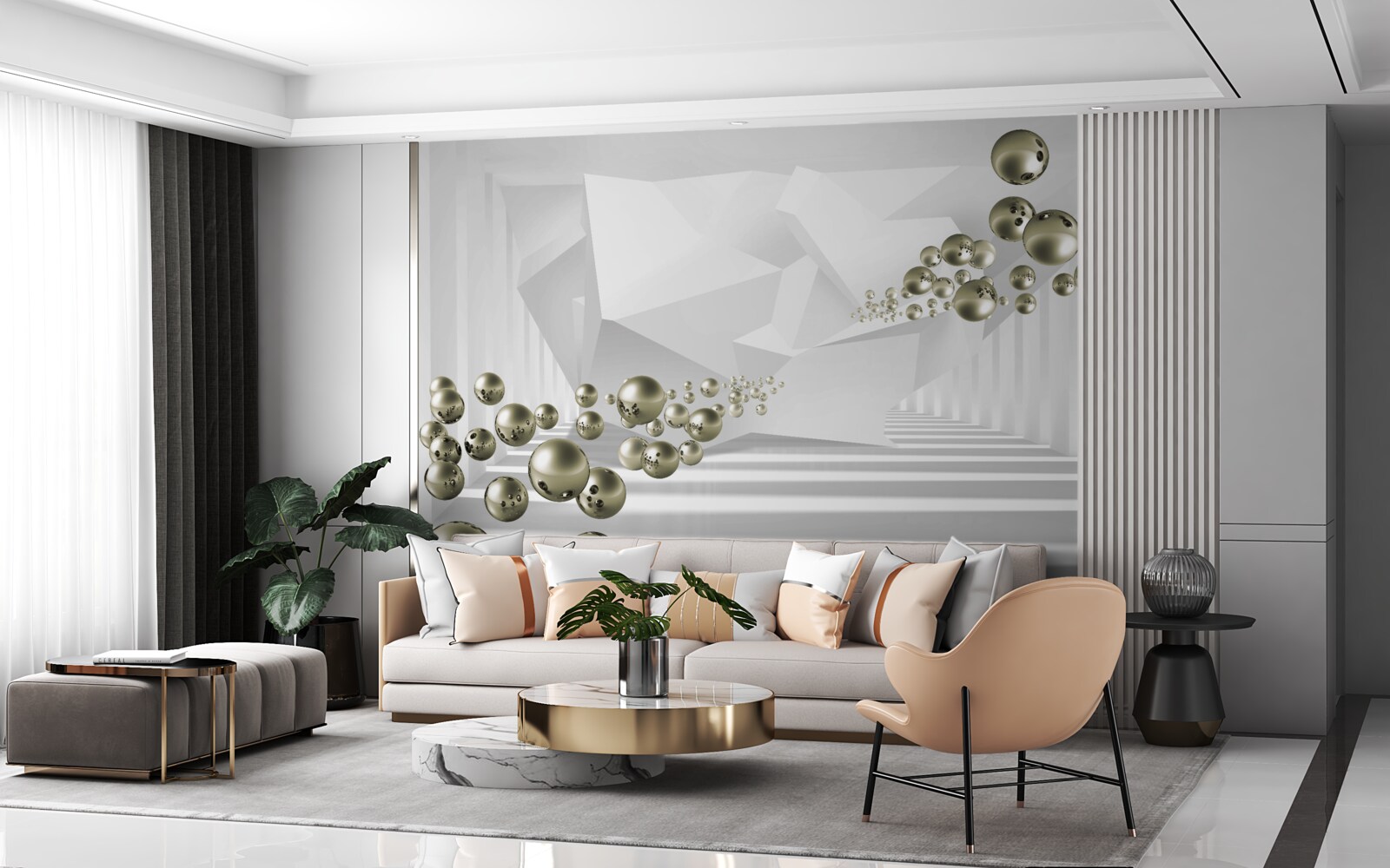 Фотошпалери абстрактний тунель, куди відлітають золоті перлини