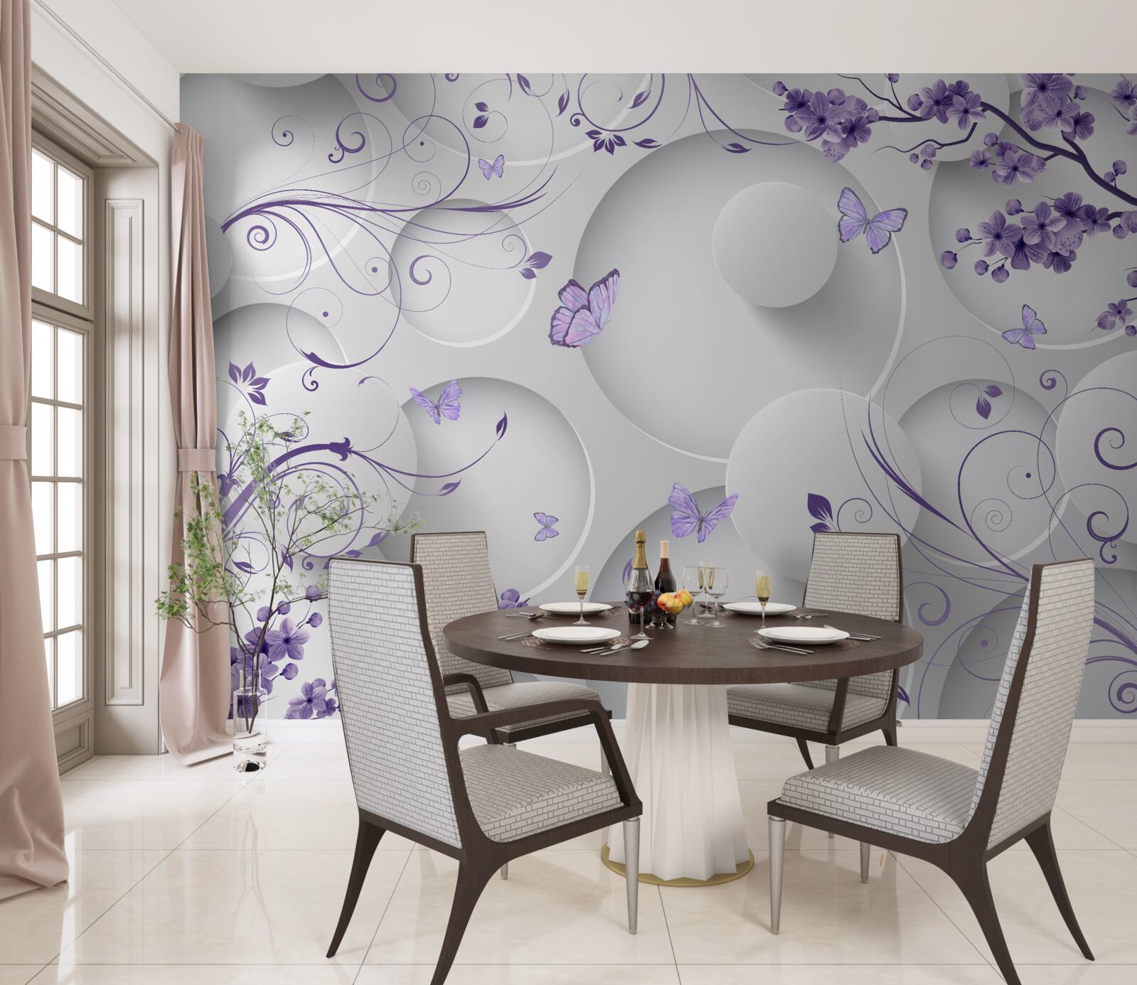 Фотошпалери метелики та фіолетові квіти