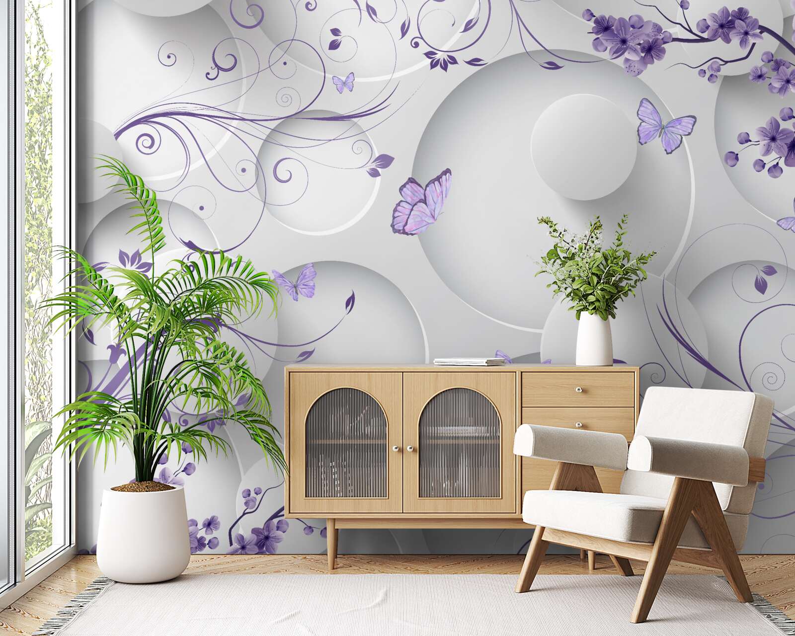 Фотошпалери метелики та фіолетові квіти