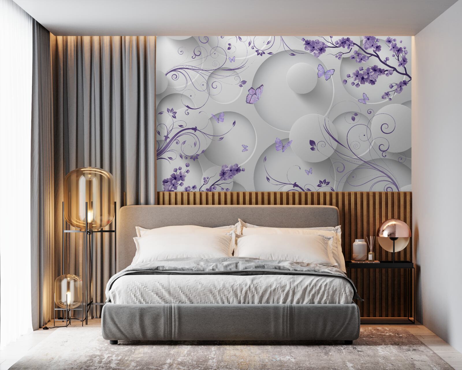 Фотошпалери метелики та фіолетові квіти