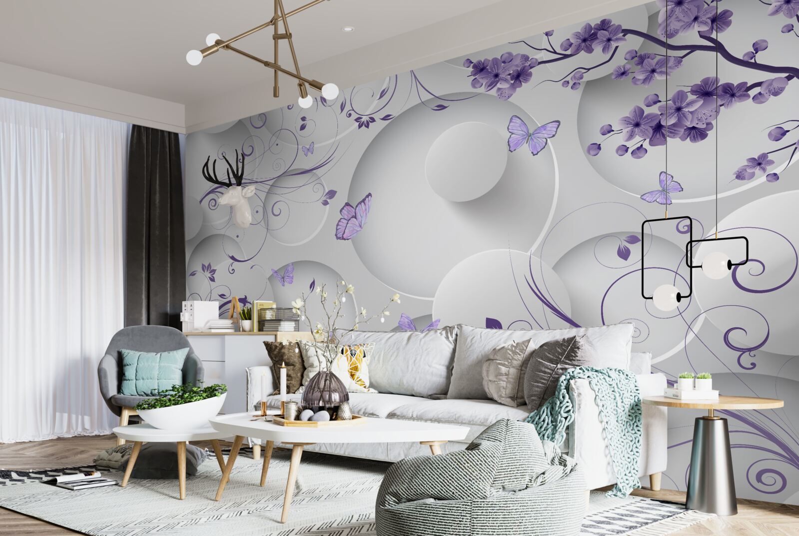 Фотошпалери метелики та фіолетові квіти