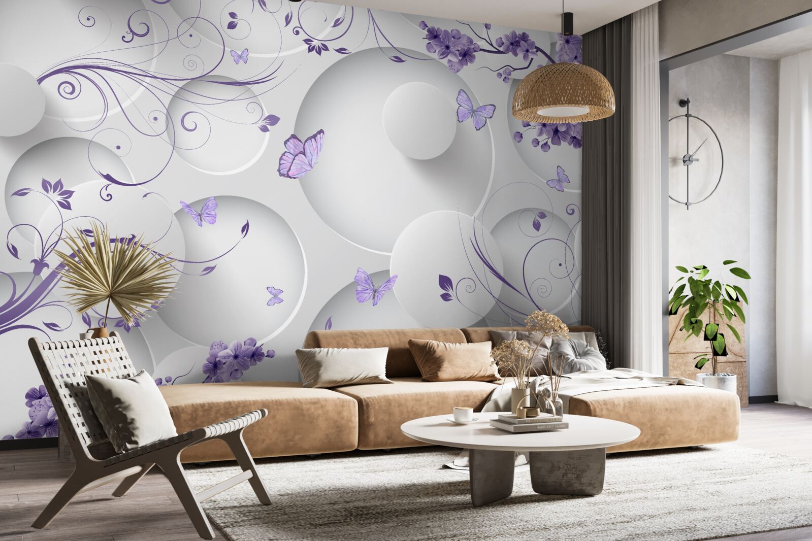 Фотошпалери метелики та фіолетові квіти