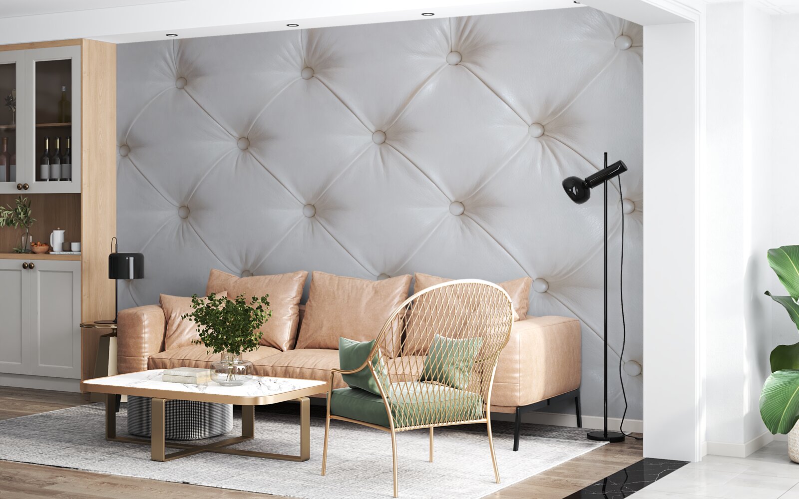 Фотошпалери біла шкіряна оббивка з декором зі стразів